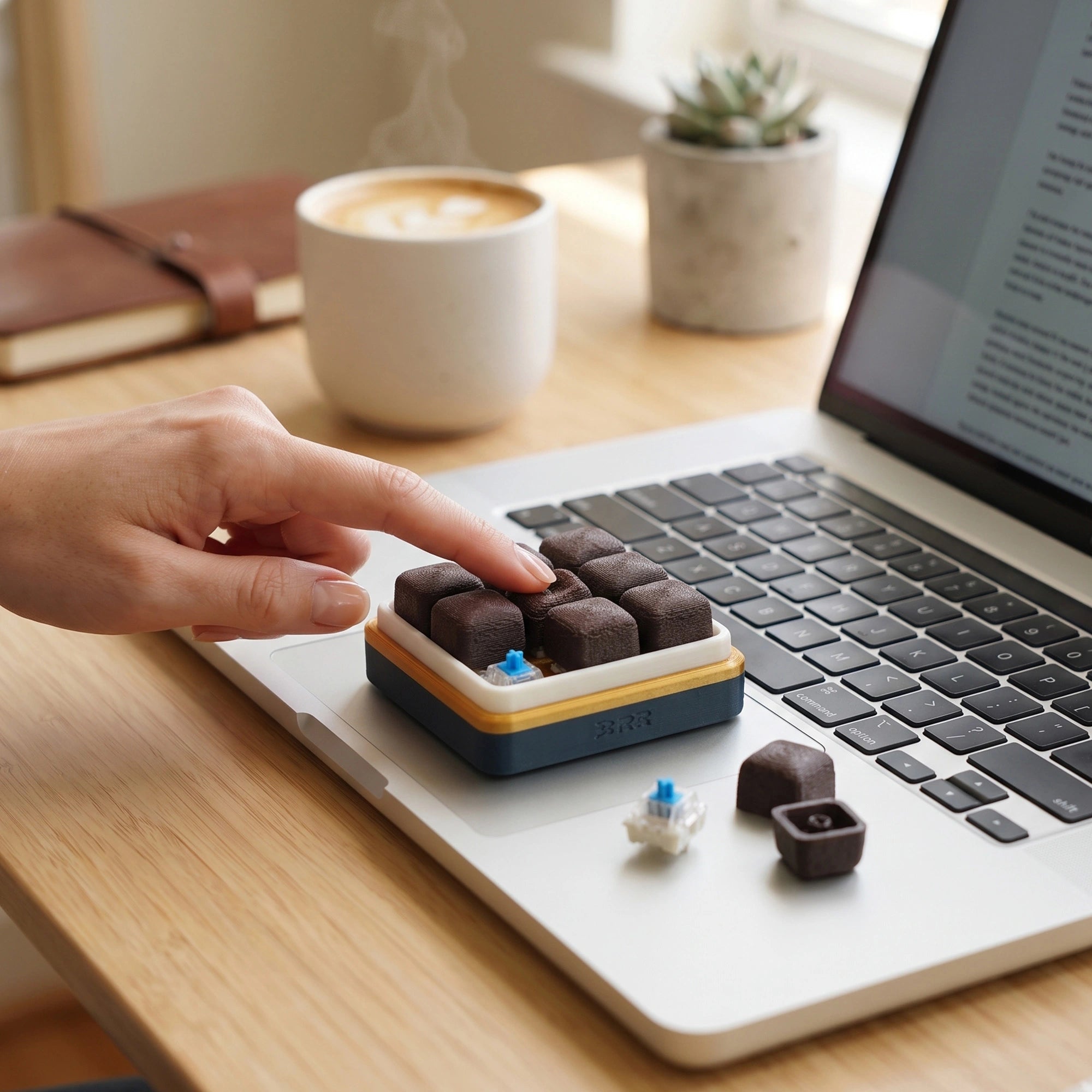 Chocolate 3D printed clicker fidget used beside a laptop